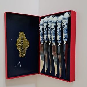 DAVID ORGELL  blue and white porcelain and stainless knife set